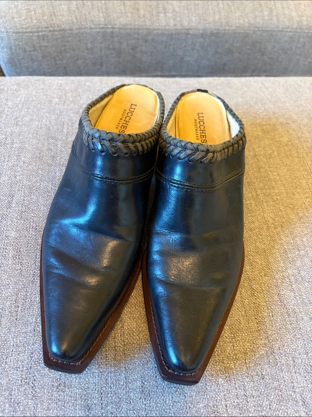 Lucchese Black Leather Slip-On Mule with Braided Collar